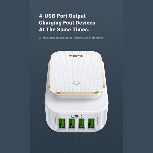 4 Port Travel USB Charger with LED Lamp for iPhone and Android