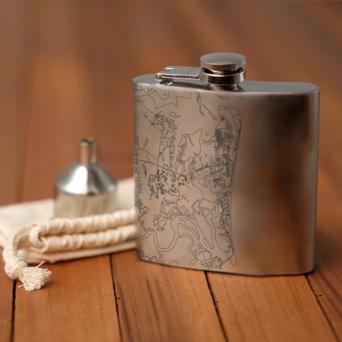 Amelia Island, FL - Engraved Map Hip Flask