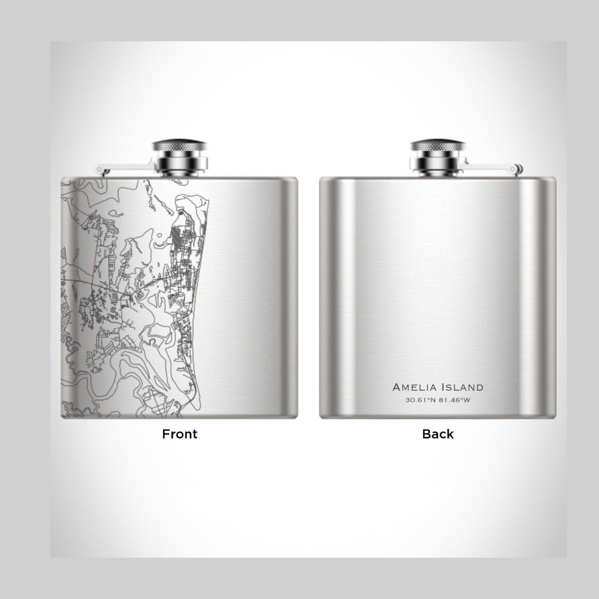 Amelia Island, FL - Engraved Map Hip Flask