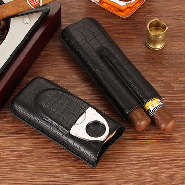 Leather Cigar Travel Case with Cutter